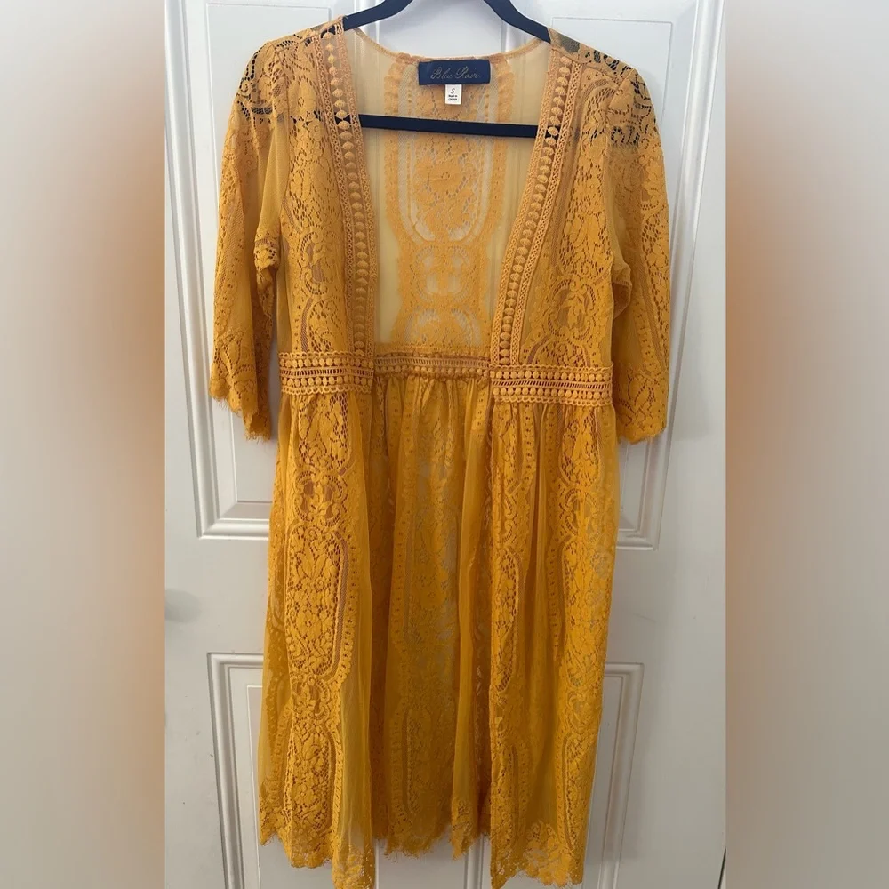 Blue Rain Golden Yellow Boho Lace Kimono Cardigan - Picture 7 of 12